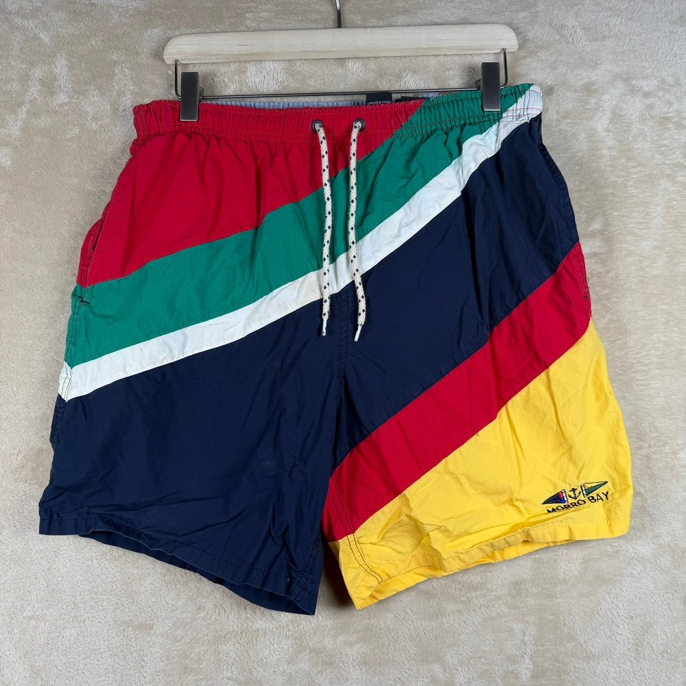 Morro Bay Mens Vintage Colorblock Swim‎ Trunks Red Green Navy Yellow Medium
